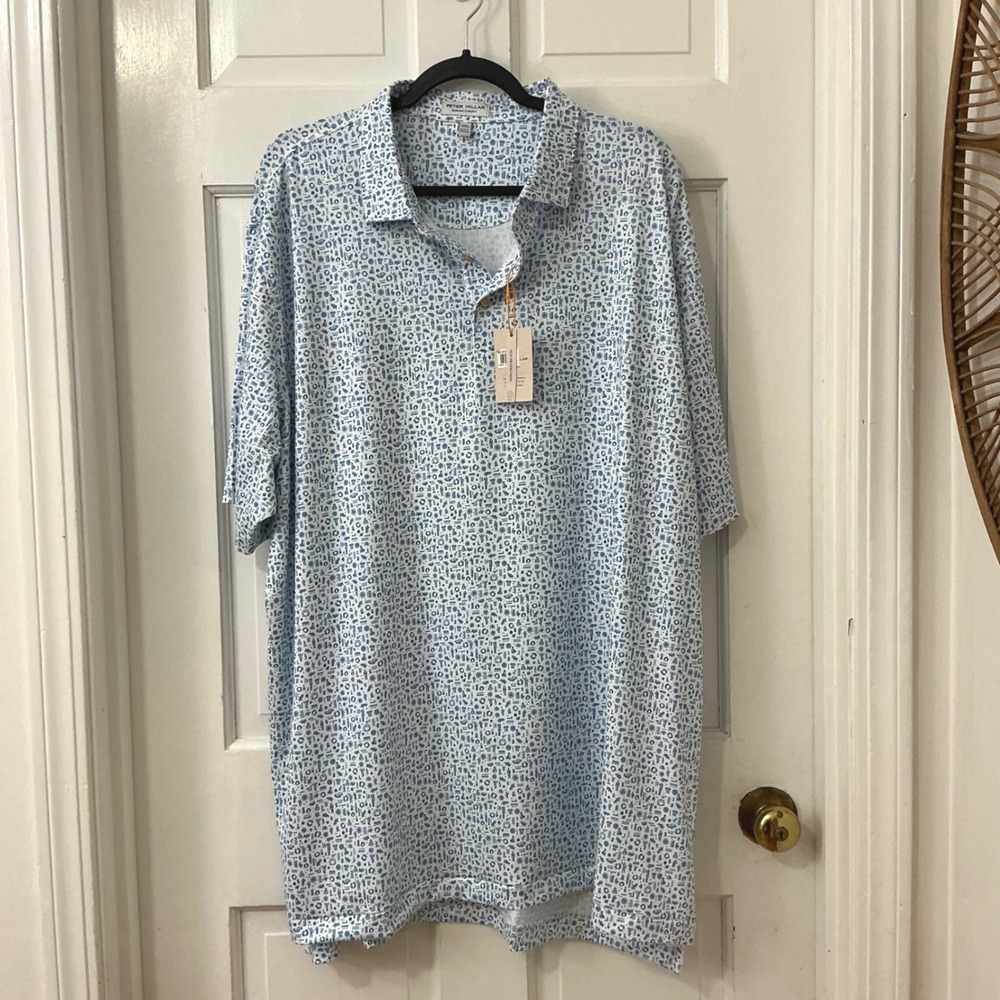 Peter Millar Polo Summer Comfort UPF 50+ Shirt XXL Blue White Greek Pattern Golf